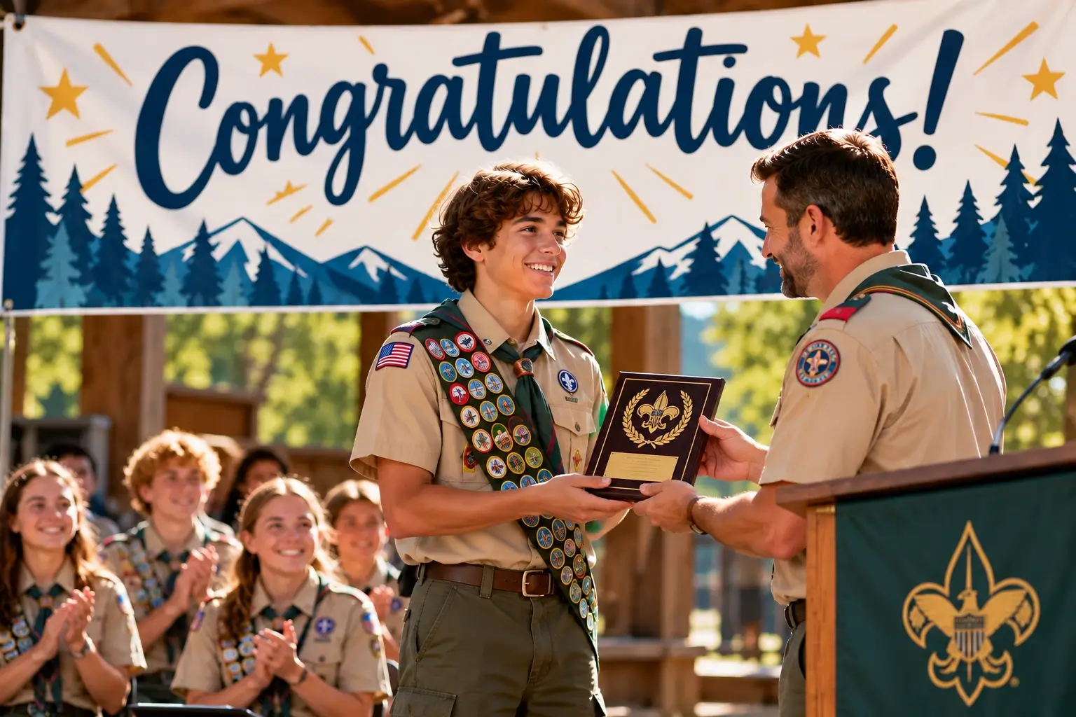 Student receiving a Scout award for completing a community service project during an outdoor recognition ceremony